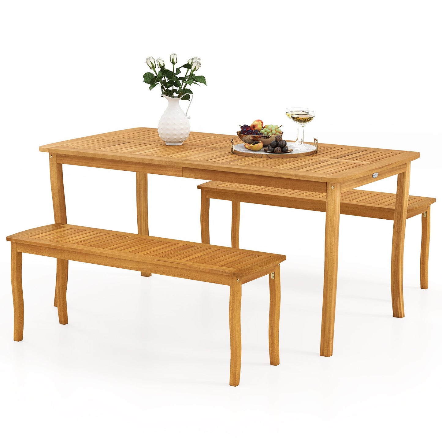 3 Pieces Patio Dining Set with Acacia Wood Outdoor Table and Benches