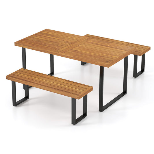3 Pieces Patio Dining Table Set 63” Rectangle Table and 2 Backless Bench