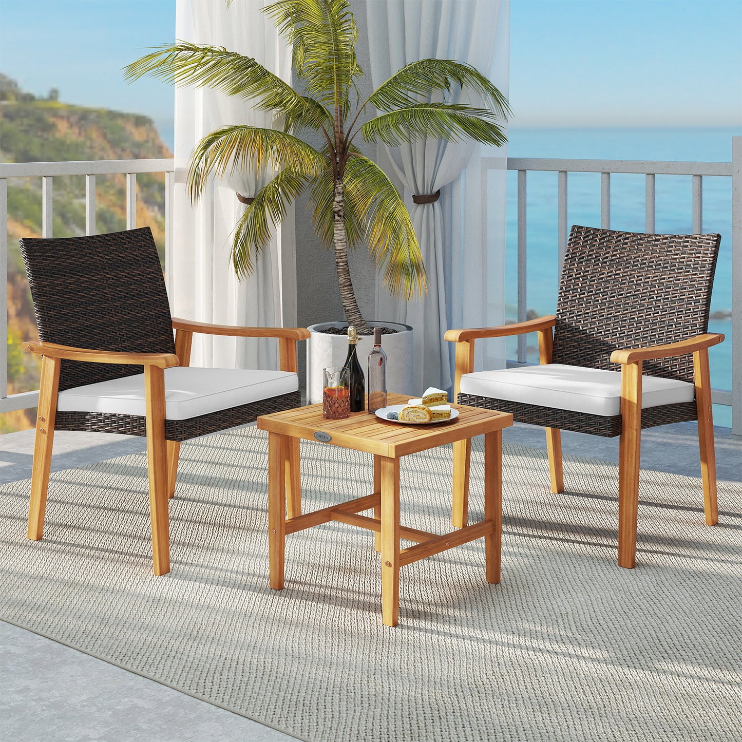 3 Pieces Patio PE Wicker Furniture Set Acacia Wood Outdoor Conversation Bistro Set-White