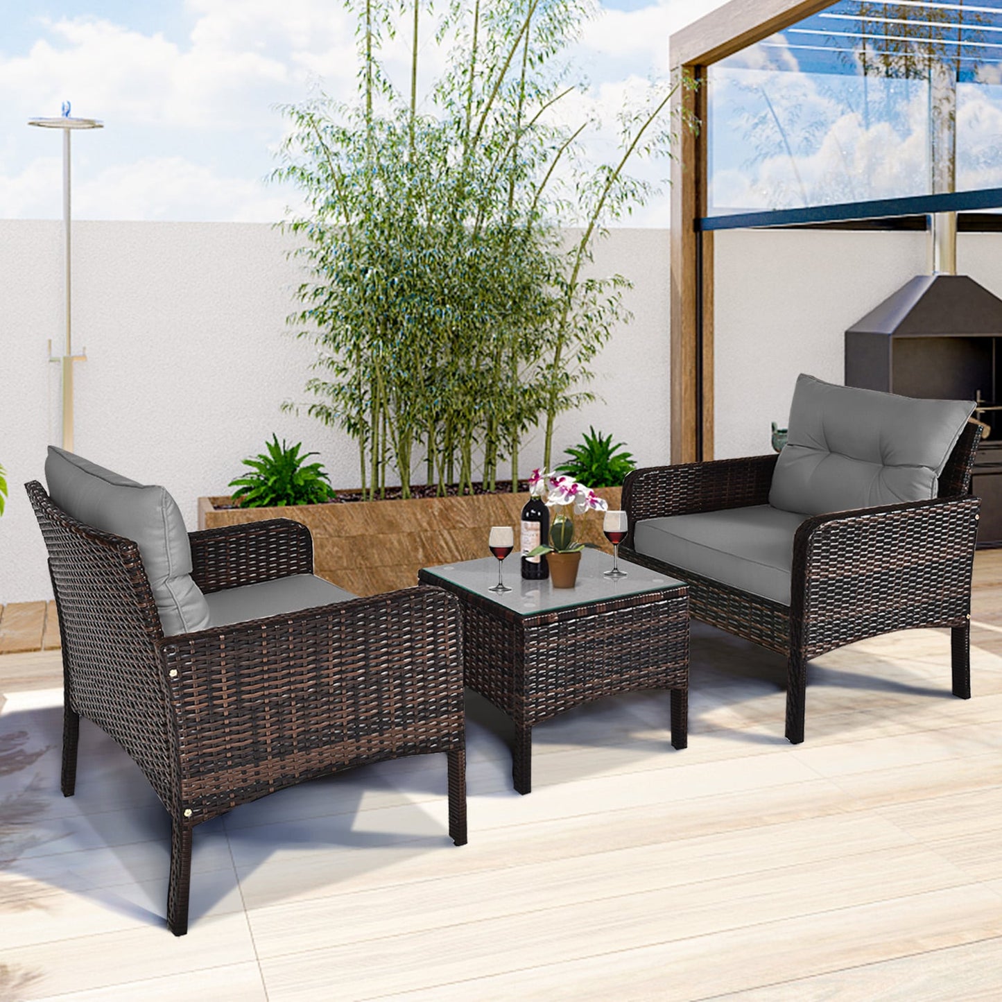 3 Pieces Patio PE Wicker Furniture Set with Cushions for Porch and Balcony-Beige