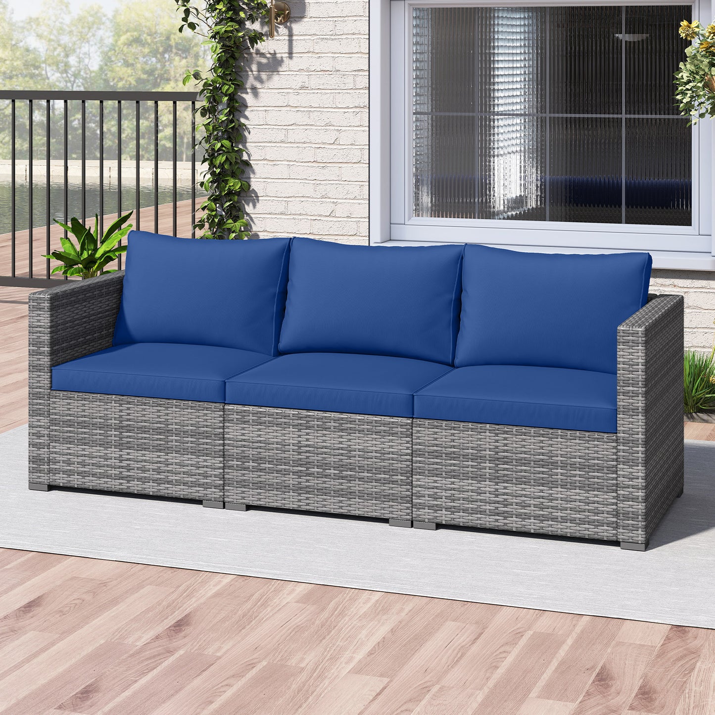 3 Pieces Patio Sectional Sofa Set PE Rattan Modular Couch Furniture Set with Soft Cushions-Black