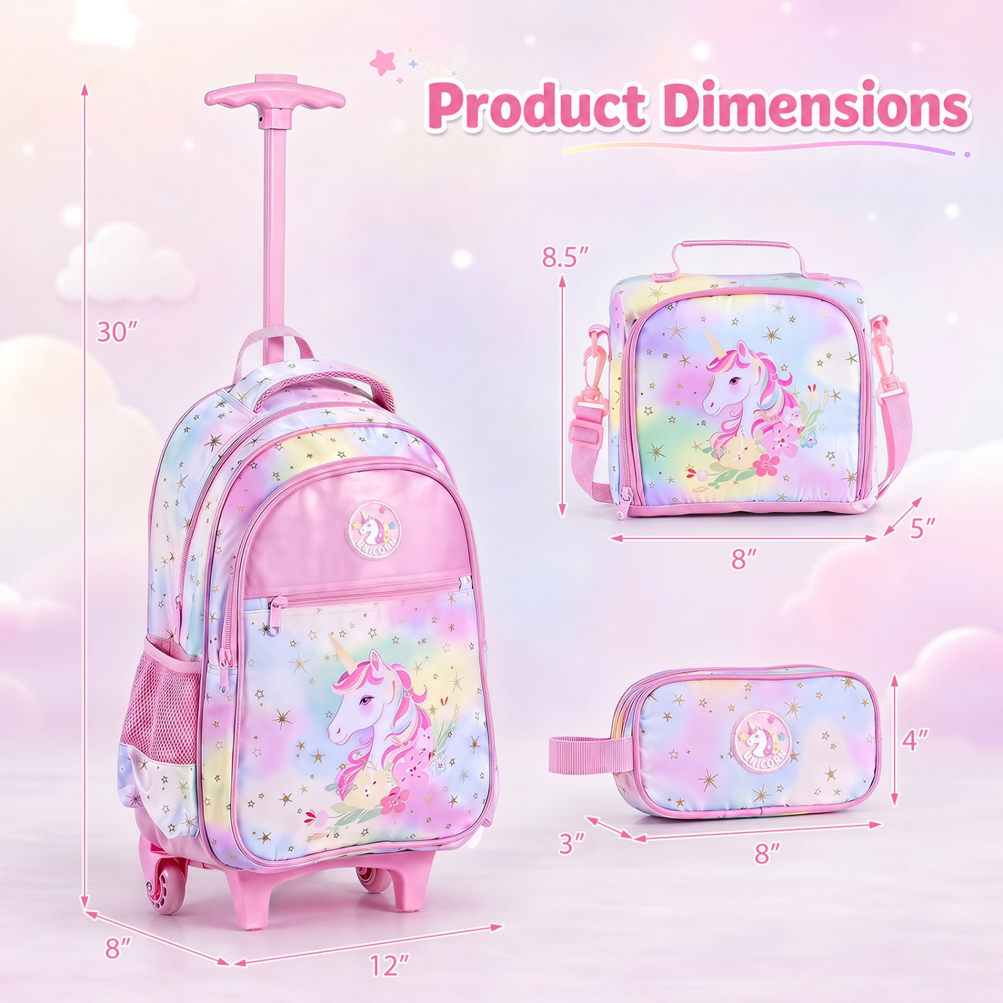 3 Pieces Unicorn Rolling Backpack for Kids with Lunch Box-Pink