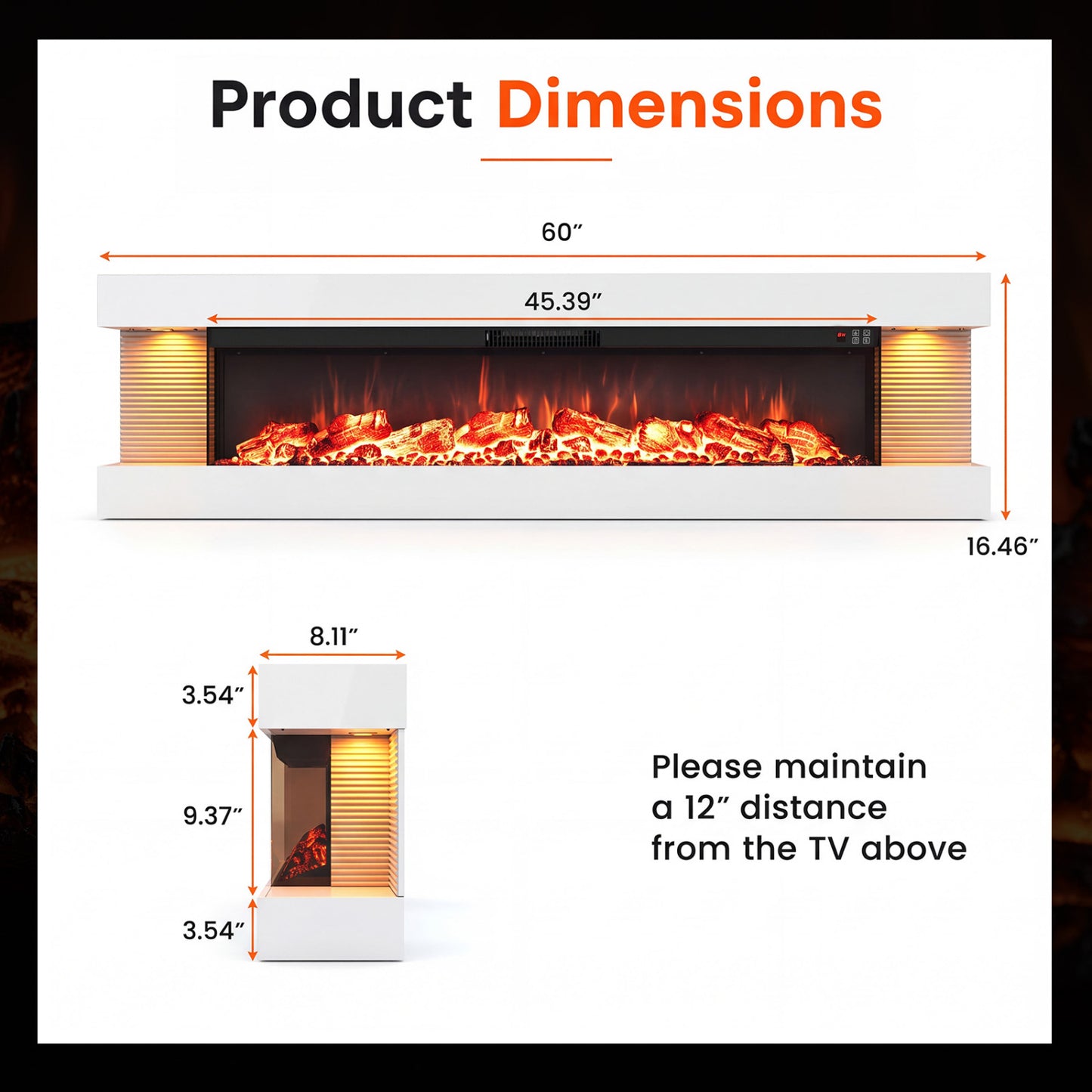 3-Sided White Wall Mount Electric WiFi Fireplace with Floating Mantel and 12 Flame Ambient-60 Inches