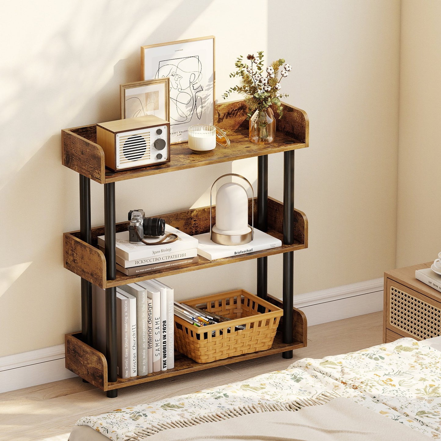 3-Tier Bookshelf with Anti-Tipping Kit and Industrial Storage Unit for Living Room-Black
