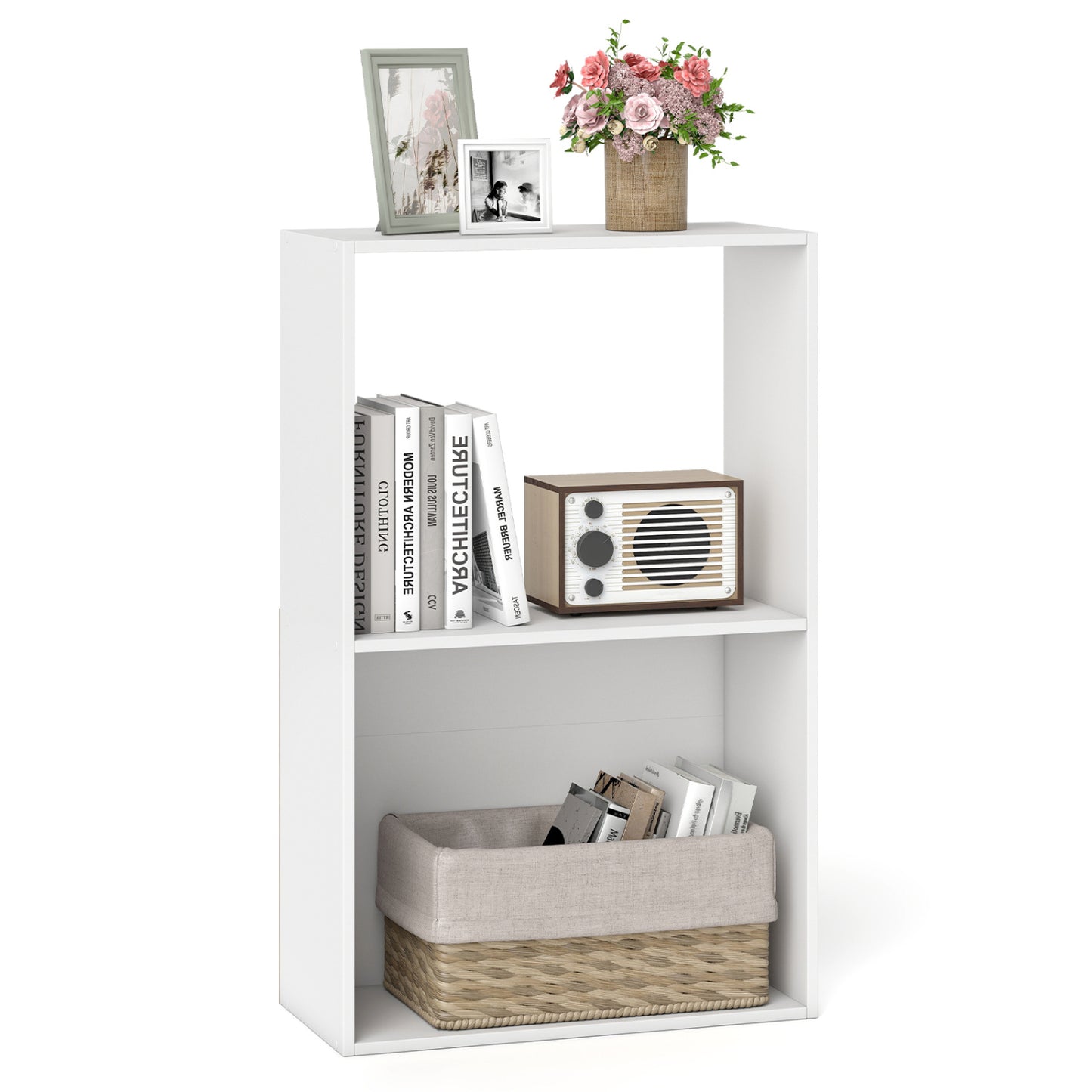 Black 3-tier bookshelf with open storage compartment and display shelf, ideal for home office organization and decor.