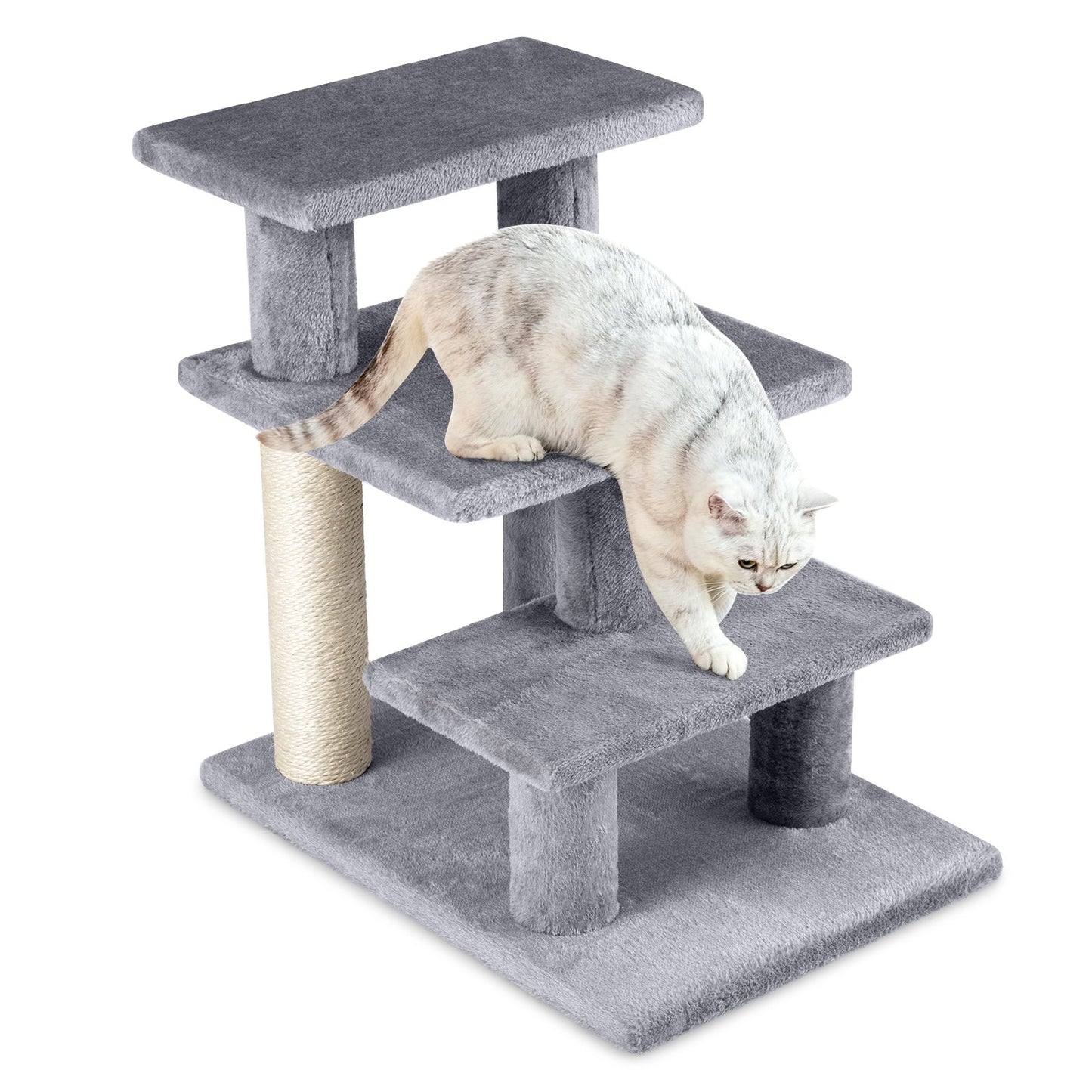3-Tier Cat Stairs 19 Inch Plush Steps with Scratching Posts for High Bed Sofa-Gray