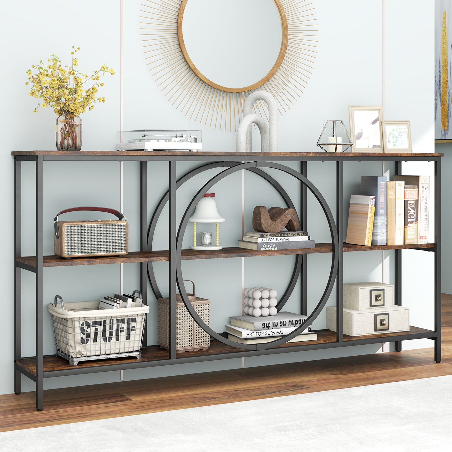 3-Tier Console Table with Faux Marble Top and Storage Shelves for Hallway Living Room-Rustic Brown