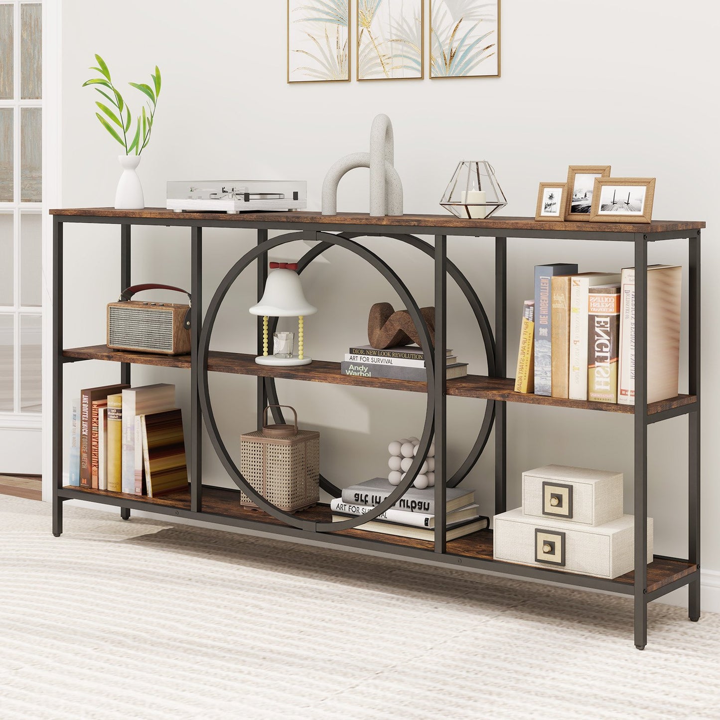 3-Tier Console Table with Faux Marble Top and Storage Shelves for Hallway Living Room-Rustic Brown
