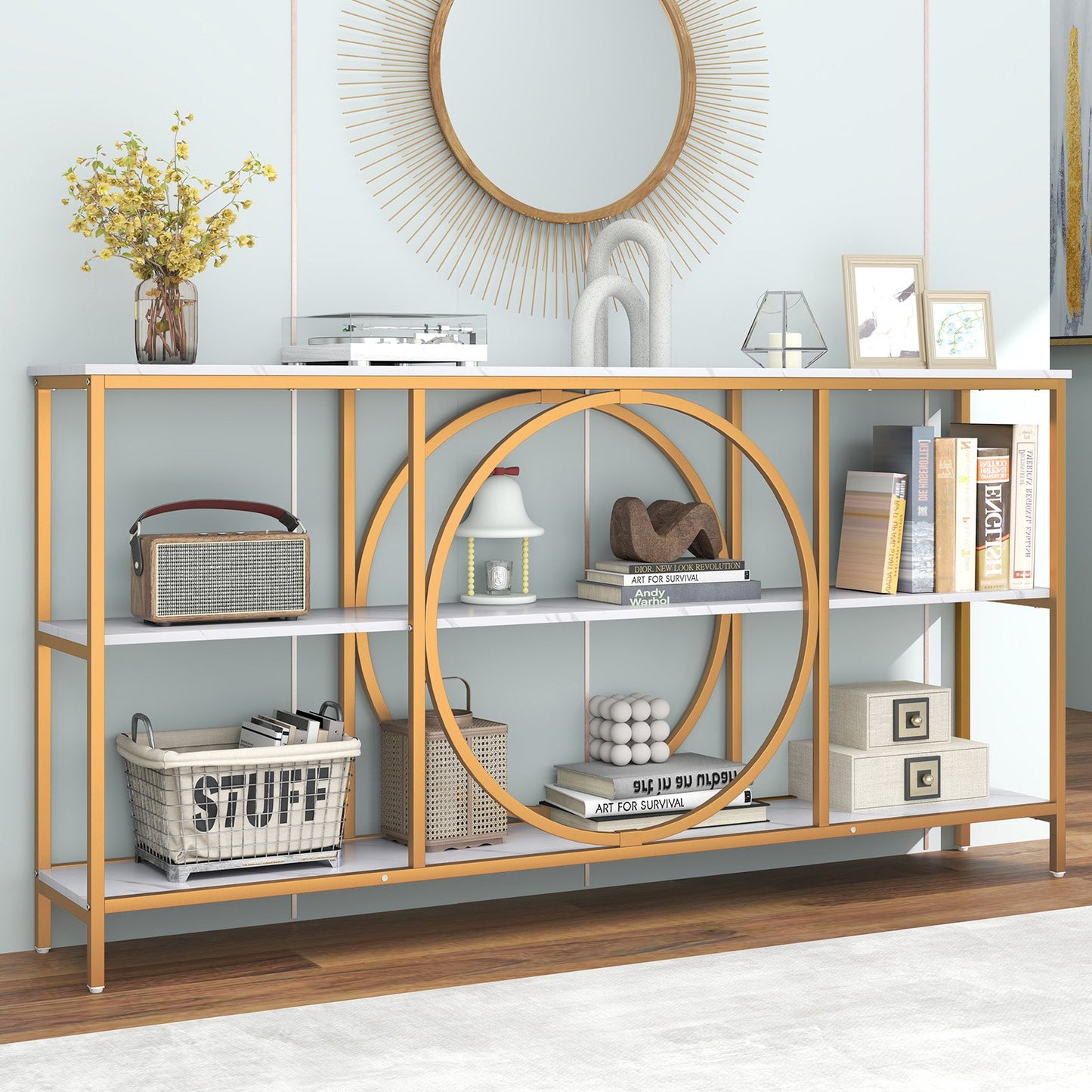 3-Tier Console Table with Faux Marble Top and Storage Shelves for Hallway Living Room-Rustic Brown