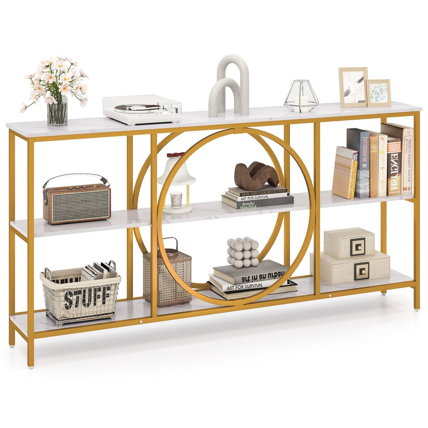 3-Tier Console Table with Faux Marble Top and Storage Shelves for Hallway Living Room-Rustic Brown