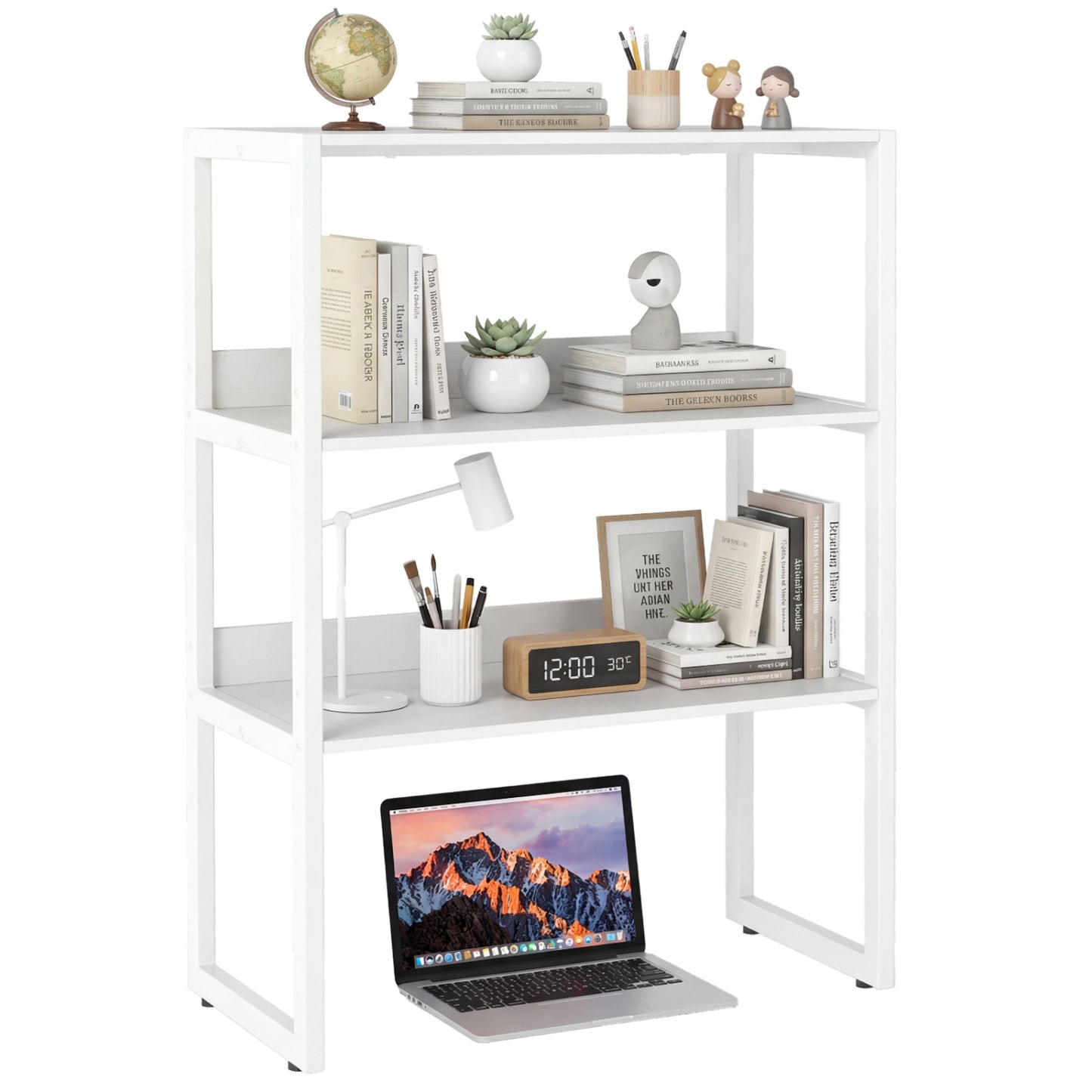 White 3-tier countertop storage hutch with open shelves, ideal for home office or kitchen organization.