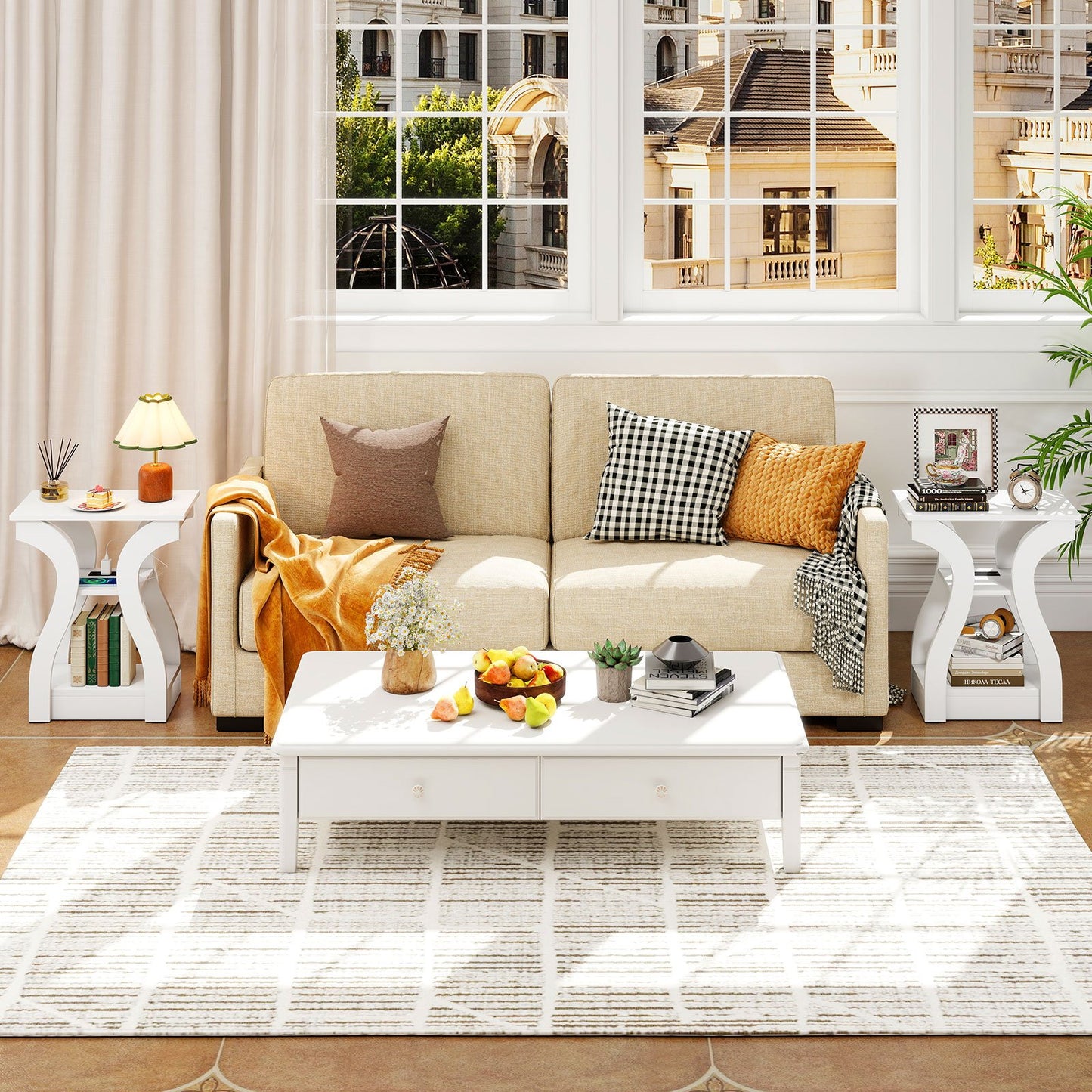 3-Tier End Tables with Charging Station Set of 2 with Open Storage Shelves-Black