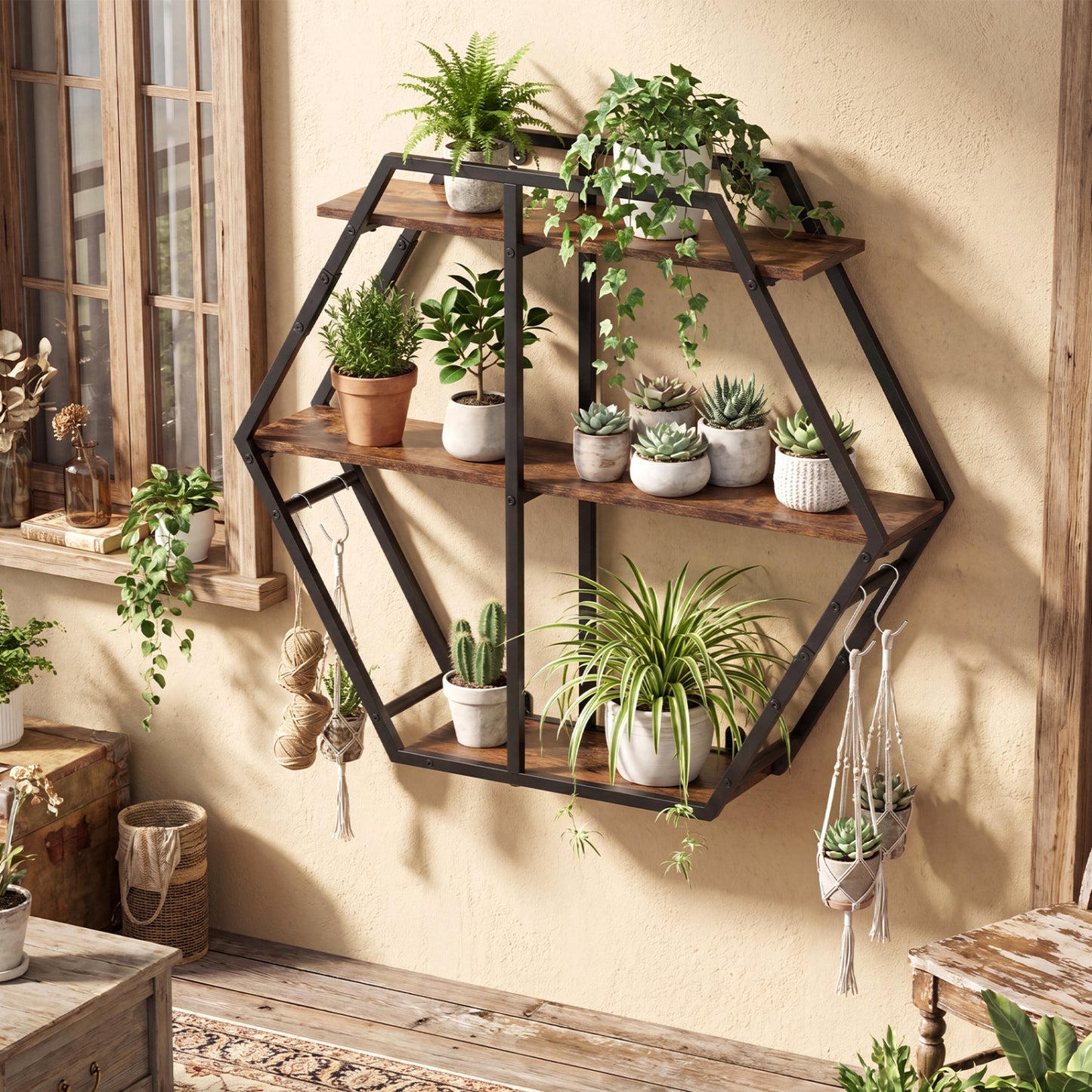 3-Tier Geometric Bookcase with S-Shaped Hooks for Living Room-Rustic Brown