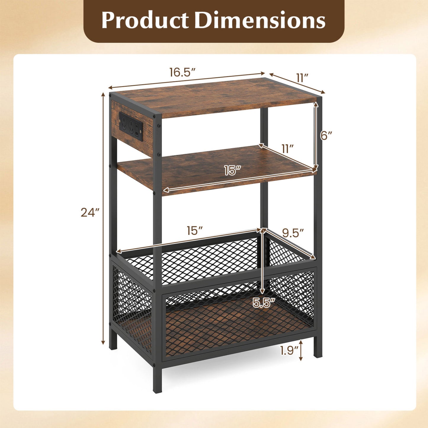 3-Tier Industrial Side Table with 2 AC Outlets and 1 Type-C Ports-Rustic Brown