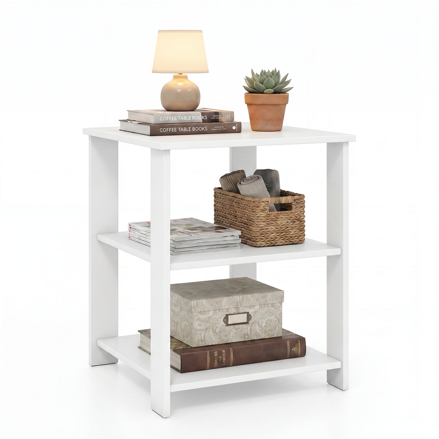 Black 3-tier modern nightstand with open storage shelves, square design, ideal as a living room or bedroom side table.