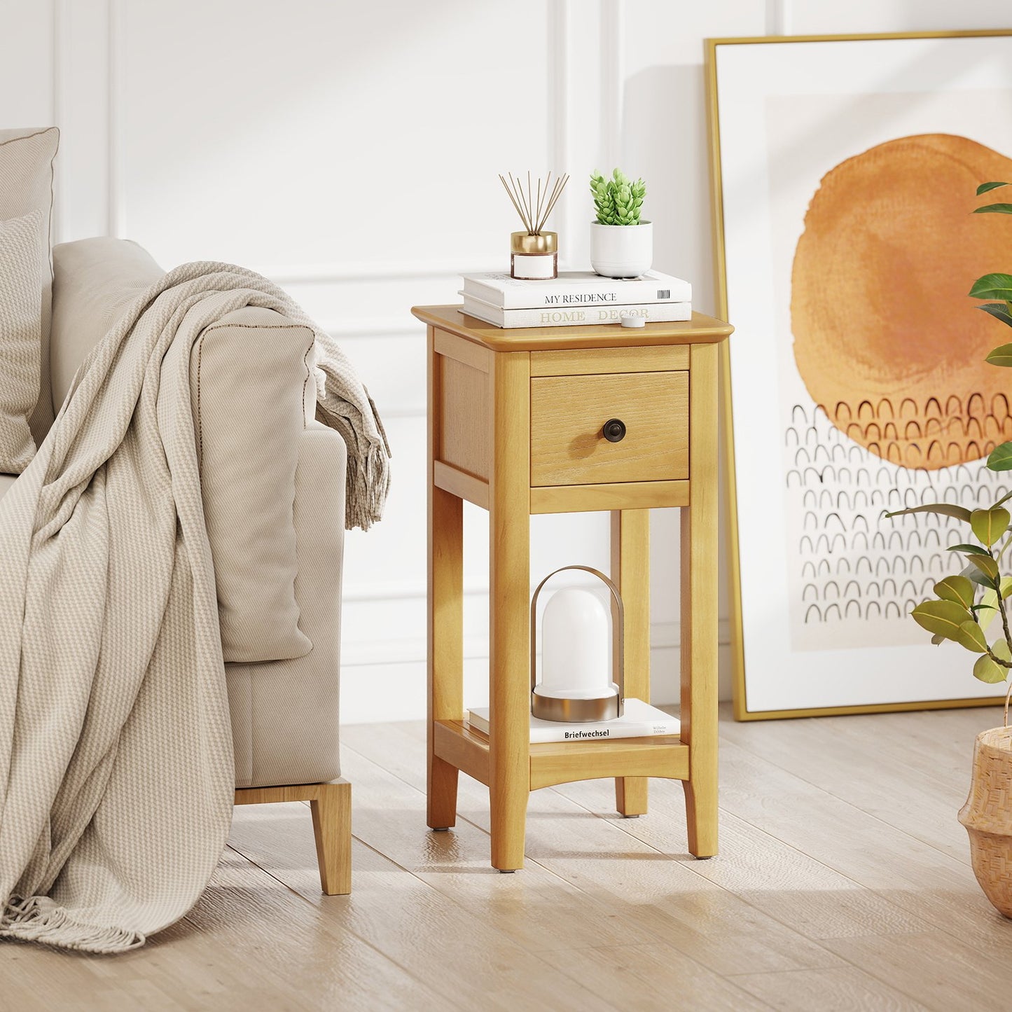 3-Tier Nightstand with Drawer and Open Storage Shelf-Natural