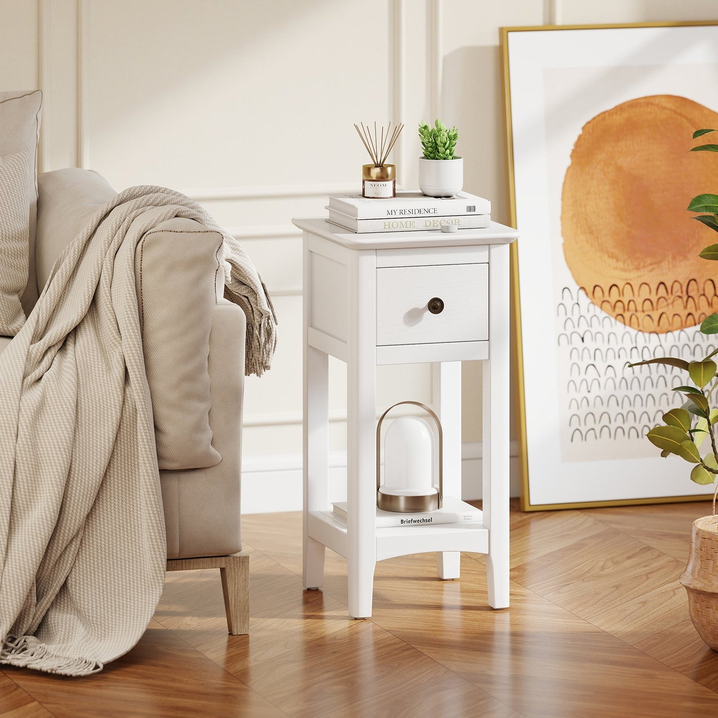 3-Tier Nightstand with Drawer and Open Storage Shelf-Natural