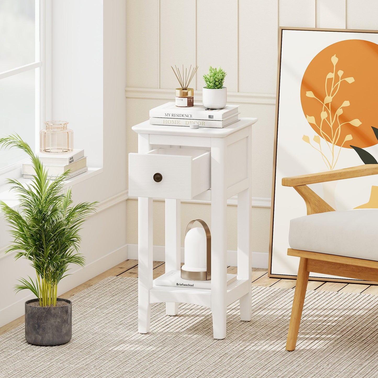 3-Tier Nightstand with Drawer and Open Storage Shelf-Natural