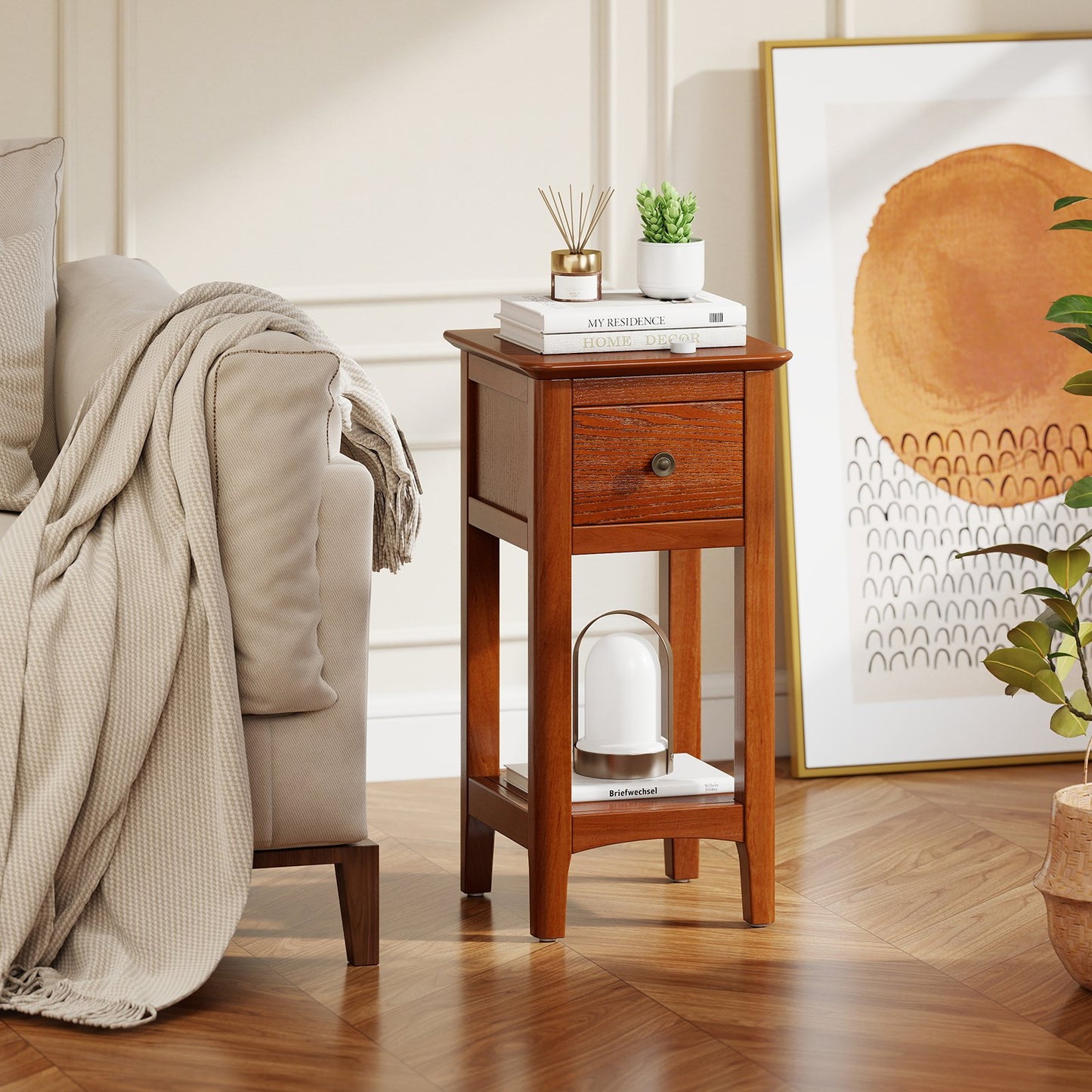 3-Tier Nightstand with Drawer and Open Storage Shelf-Natural