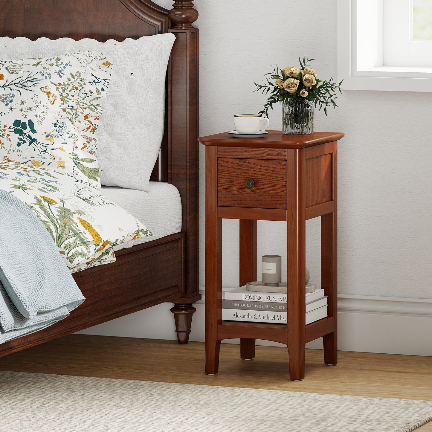 3-Tier Nightstand with Drawer and Open Storage Shelf-Natural