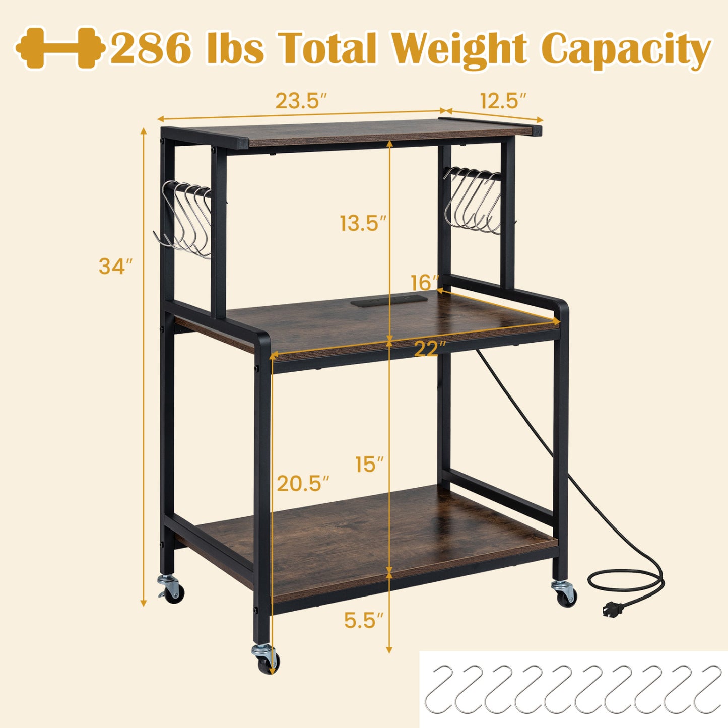 Rustic brown 3-tier rolling microwave cart with lockable wheels, power outlet, and 10 hooks, designed for kitchen and dining spaces.