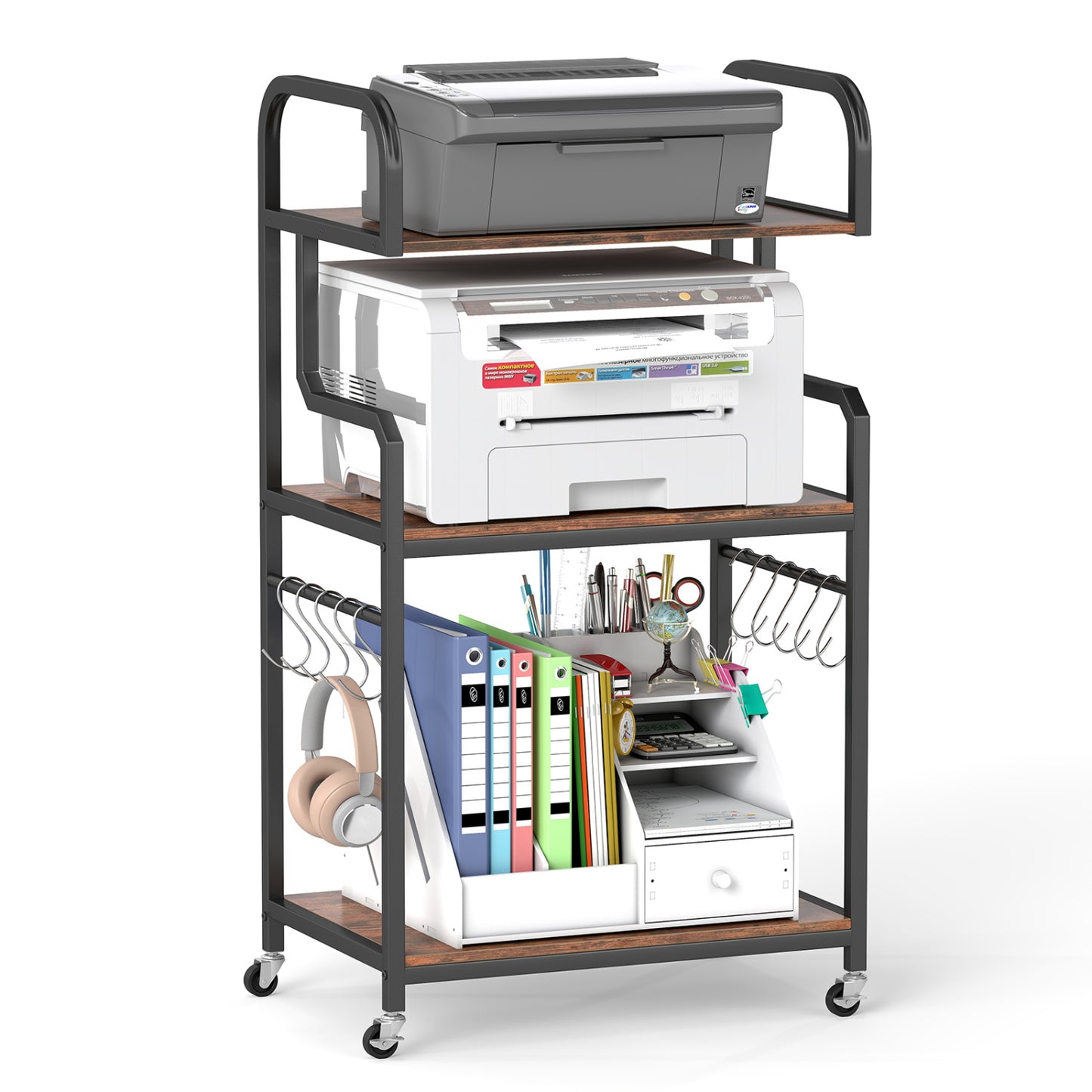 3-Tier Rolling Printer Stand with Storage Shelves & 10 Hooks and Locking Wheels-Rustic Brown