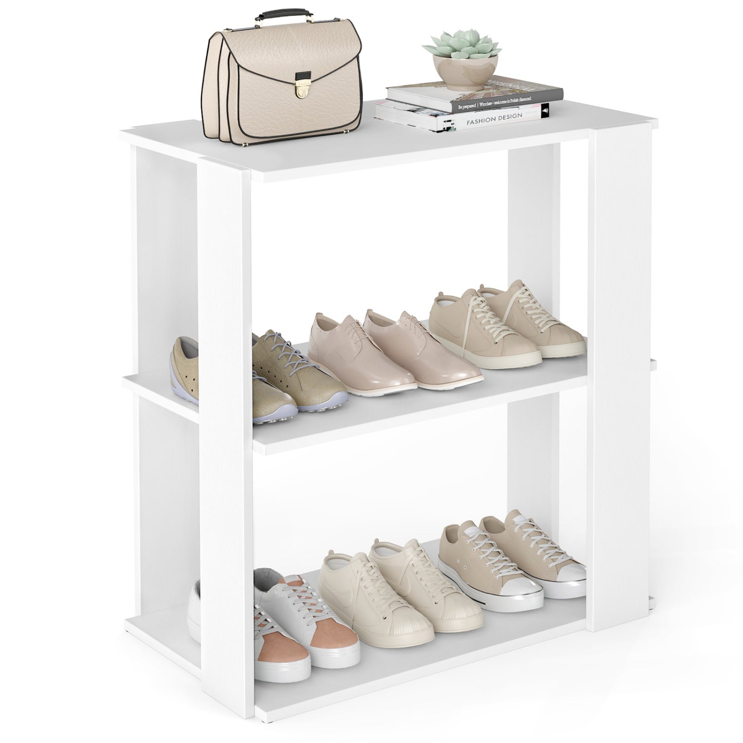 Modern white 3-tier shoe rack by Wilsons Home Store with stackable design, ideal for entryway shoe storage.