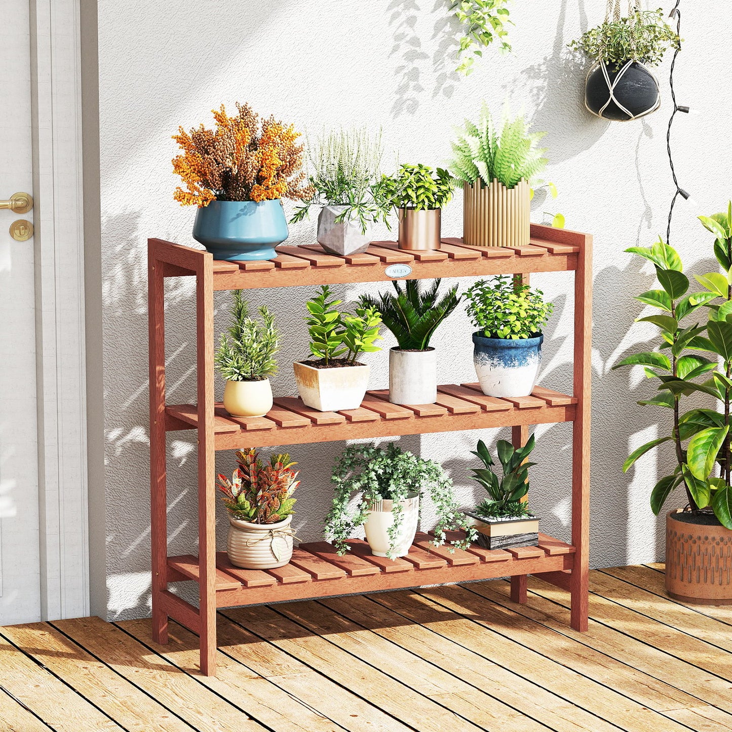 3-Tier Solid Wood Plant Stand with Slatted Shelves