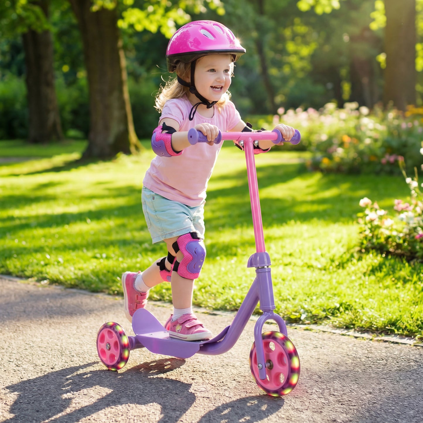 Purple kids' 3-wheel scooter with LED light-up wheels and wide anti-slip deck, suitable for ages 2 and up.