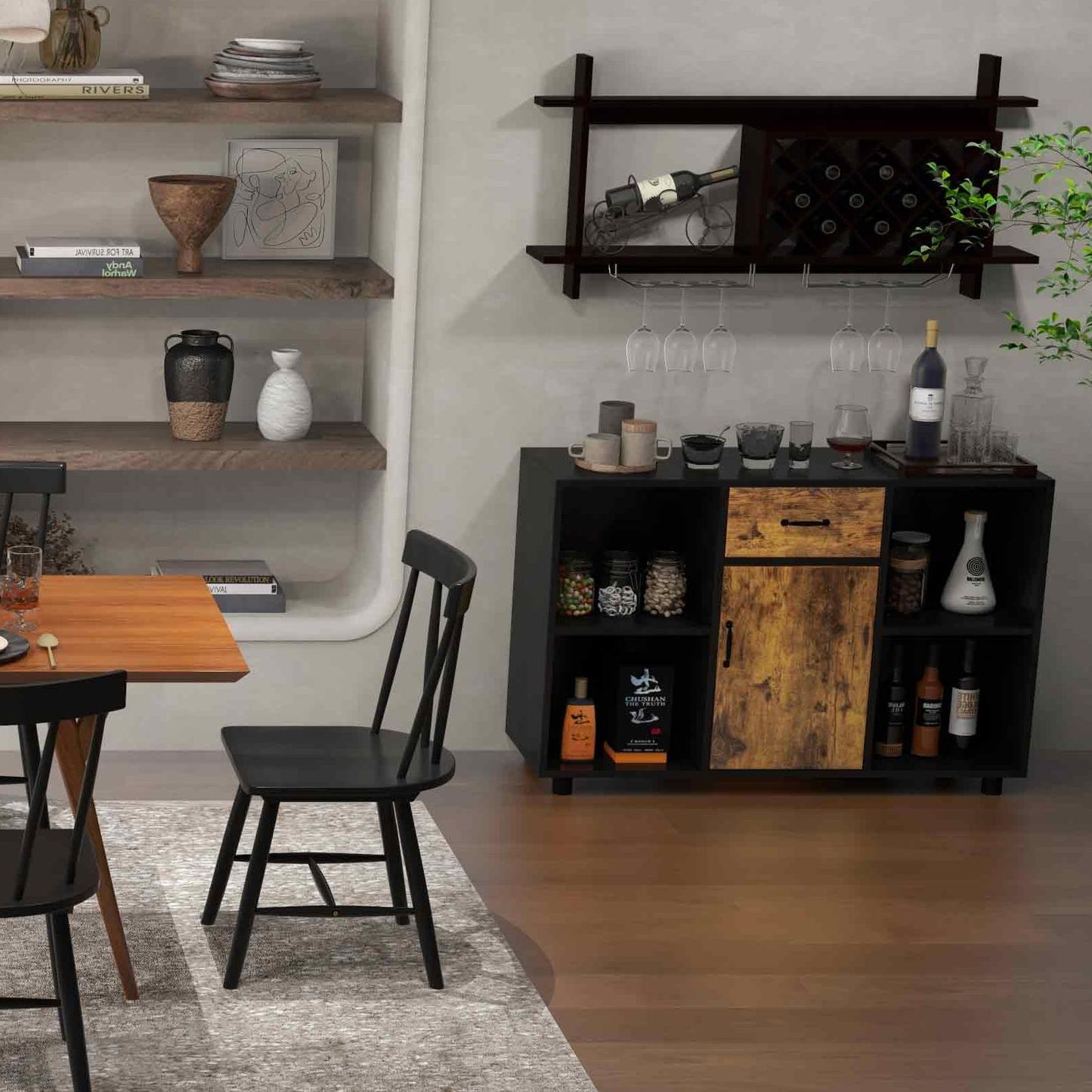 3-in-1 Dining Set: Windsor Chairs Industrial Sideboard & Wall-Mount Wine Rack Combo