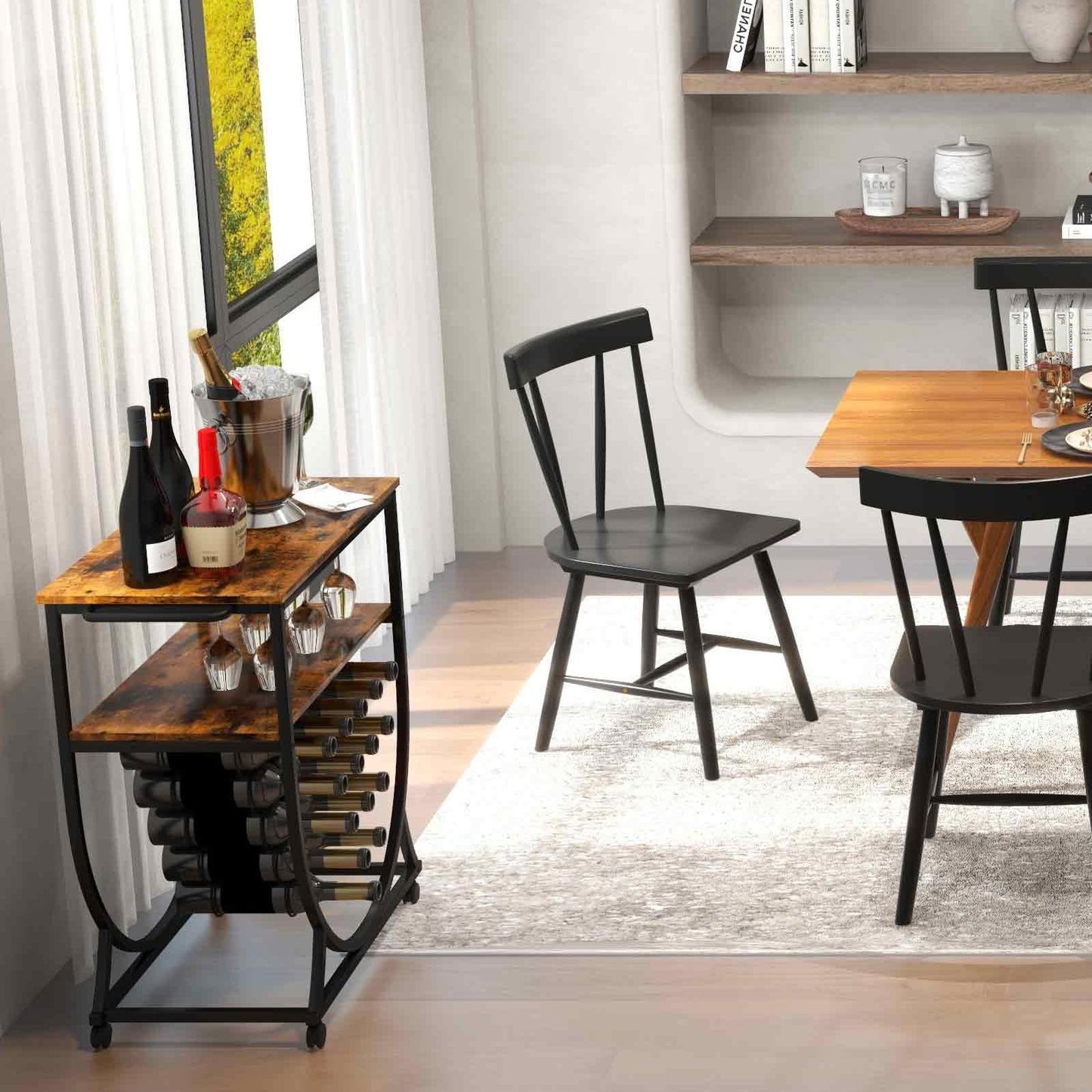 3-in-1 Dining Set: Windsor Chairs Industrial Sideboard & Wall-Mount Wine Rack Combo