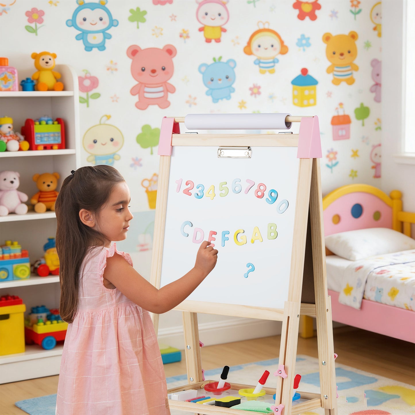 3-in-1 Double-Sided Adjustable Kid Easel for 3-8 Years Old Toddlers-Pink
