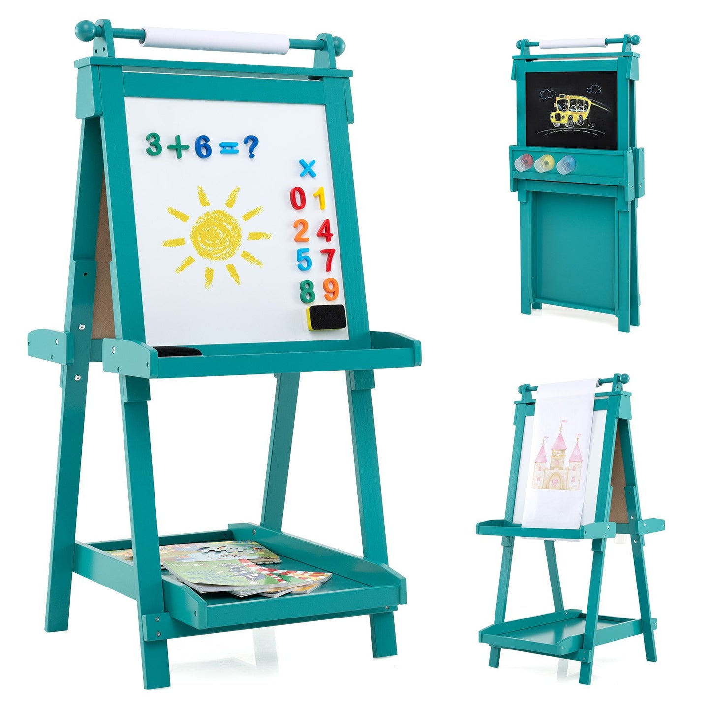 3-in-1 Double-sided Art Easel with Chalkboard and Magnetic Whiteboard-Gray