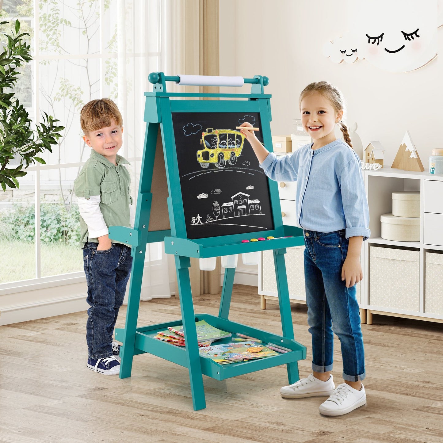 3-in-1 Double-sided Art Easel with Chalkboard and Magnetic Whiteboard-Gray