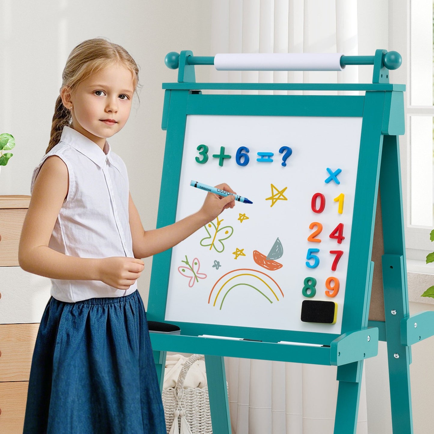 3-in-1 Double-sided Art Easel with Chalkboard and Magnetic Whiteboard-Gray