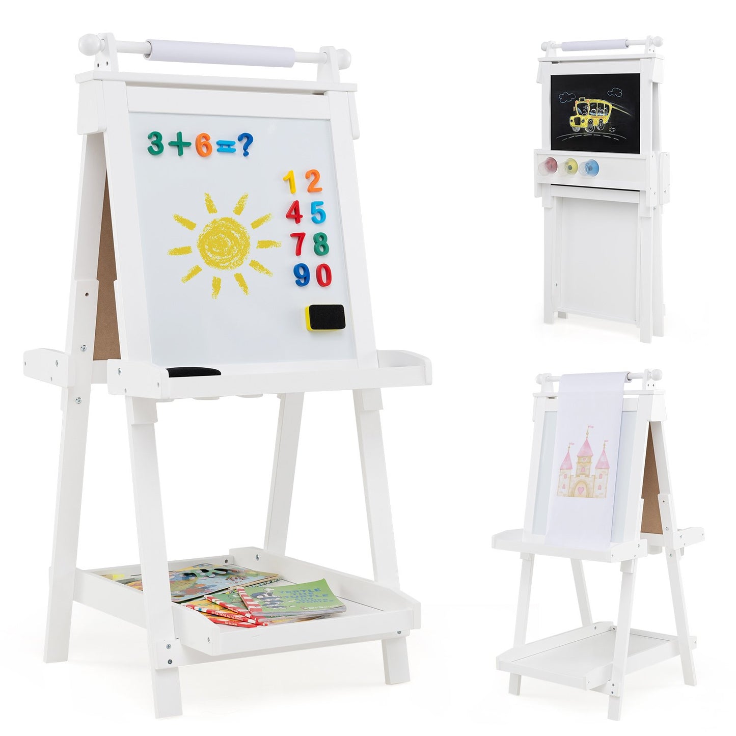 3-in-1 Double-sided Art Easel with Chalkboard and Magnetic Whiteboard-Gray