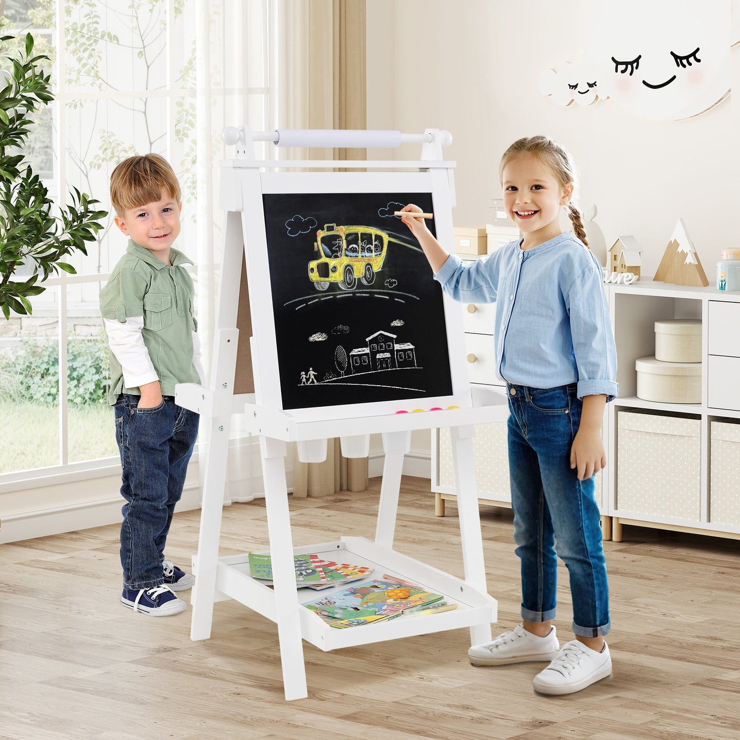 3-in-1 Double-sided Art Easel with Chalkboard and Magnetic Whiteboard-Gray