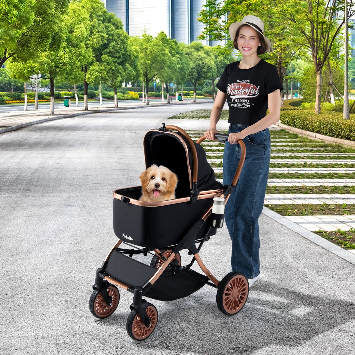 3-in-1 Foldable Pet Stroller with Sun Shade and Safety Belt for up to 55 lbs Small Medium Dogs Cats-Black