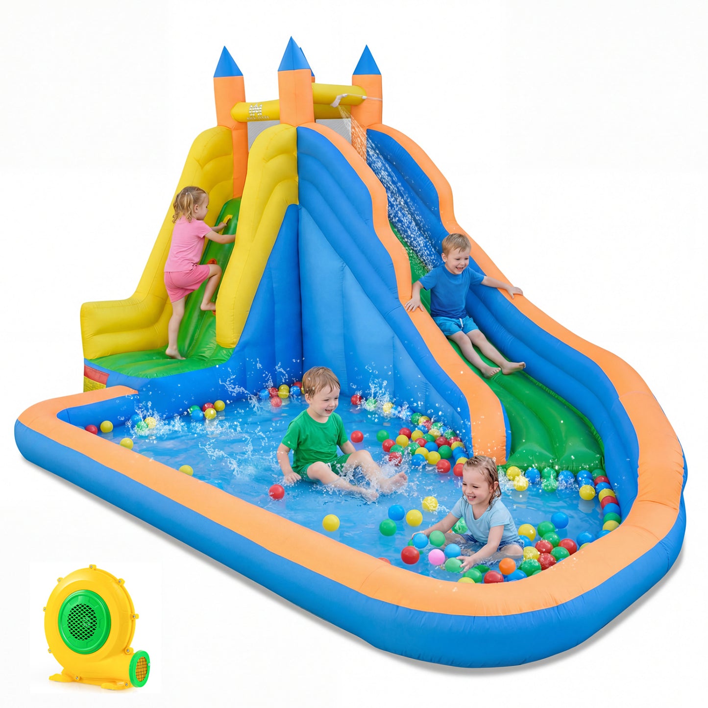 Colorful 3-in-1 inflatable water slide with curved slide and blower, perfect for outdoor fun and active play.