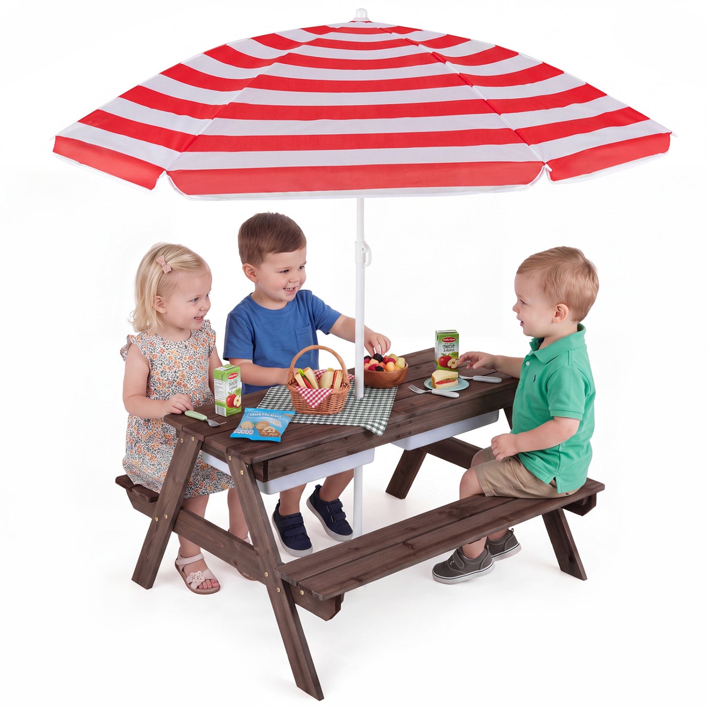 3-in-1 Kids Outdoor Picnic Water Sand Table with Removable Umbrella and Boxes-Green