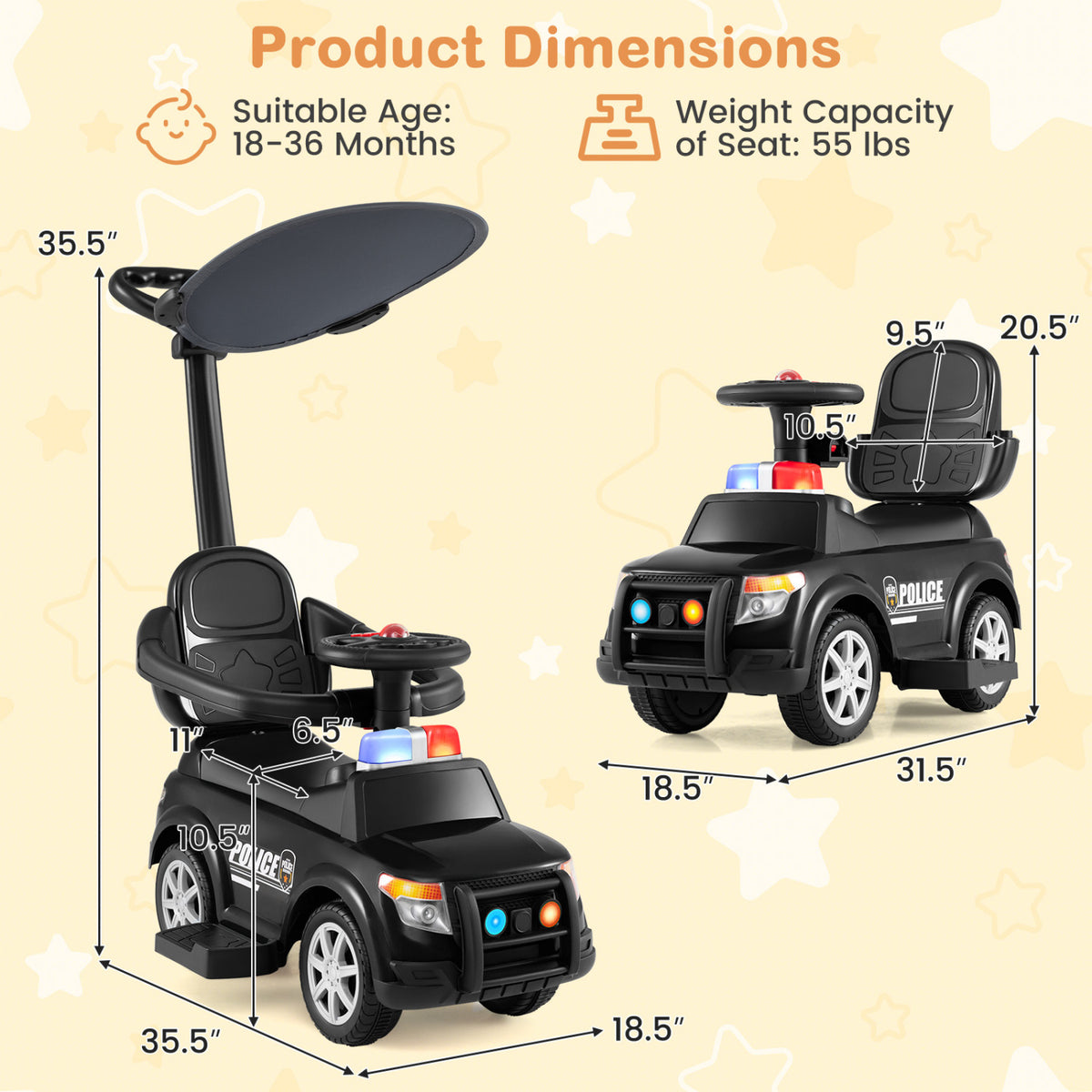 3-in-1 Toddler Push Car with Handle and Canopy Sliding Police Car with Siren-Black