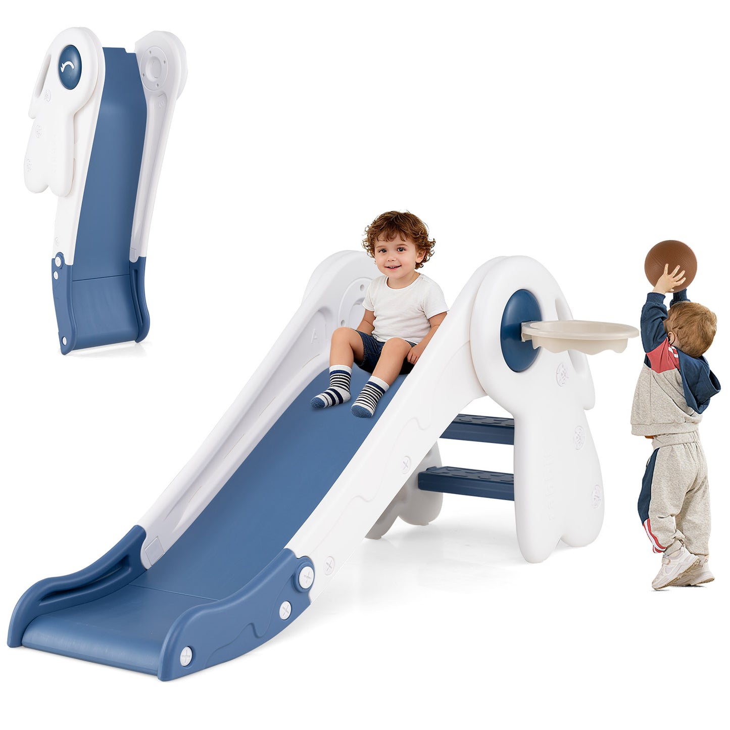 3 in 1 Toddler Slide Baby Slide Climber Playset with Basketball Hoop and Basketball-Blue