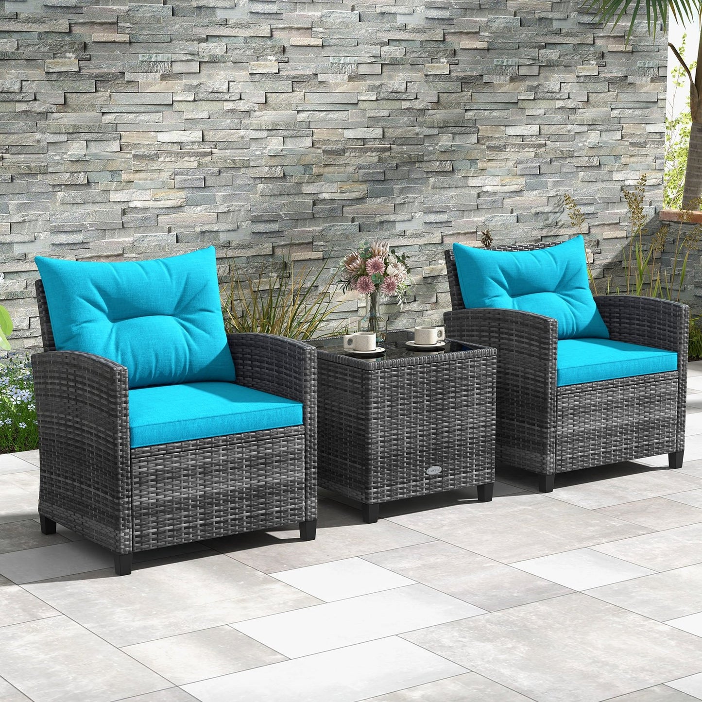 3 Pieces Outdoor Wicker Conversation Set with Tempered Glass Tabletop-Black