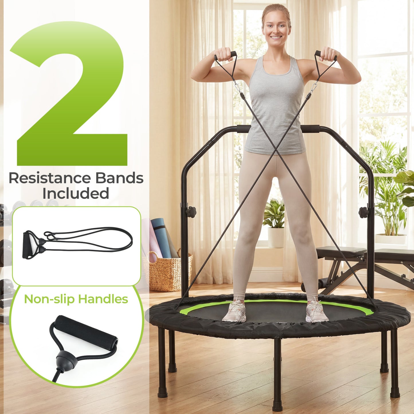 40 Inch Fitness Trampoline for Adults with 2 Resistance Bands-Green