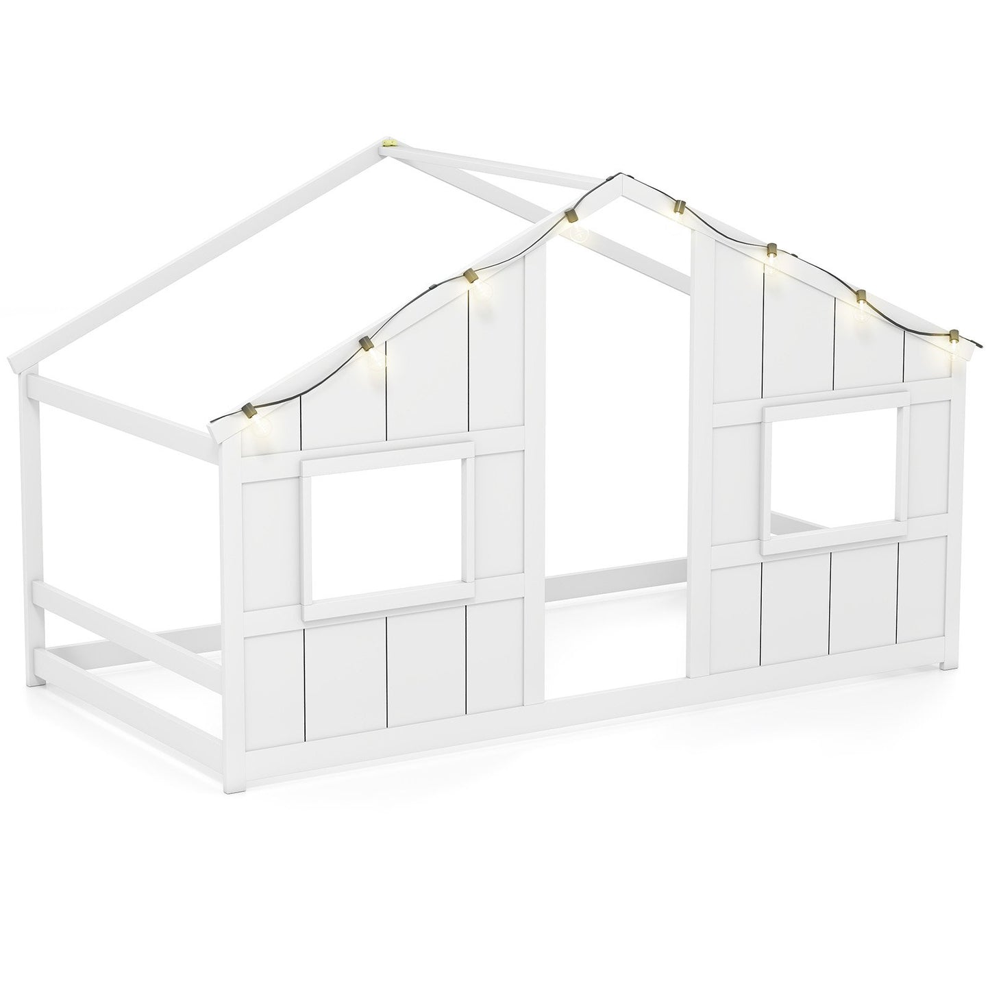 Twin Size House Bed with LED Lights Montessori Slat-free Floor Bed-Grey