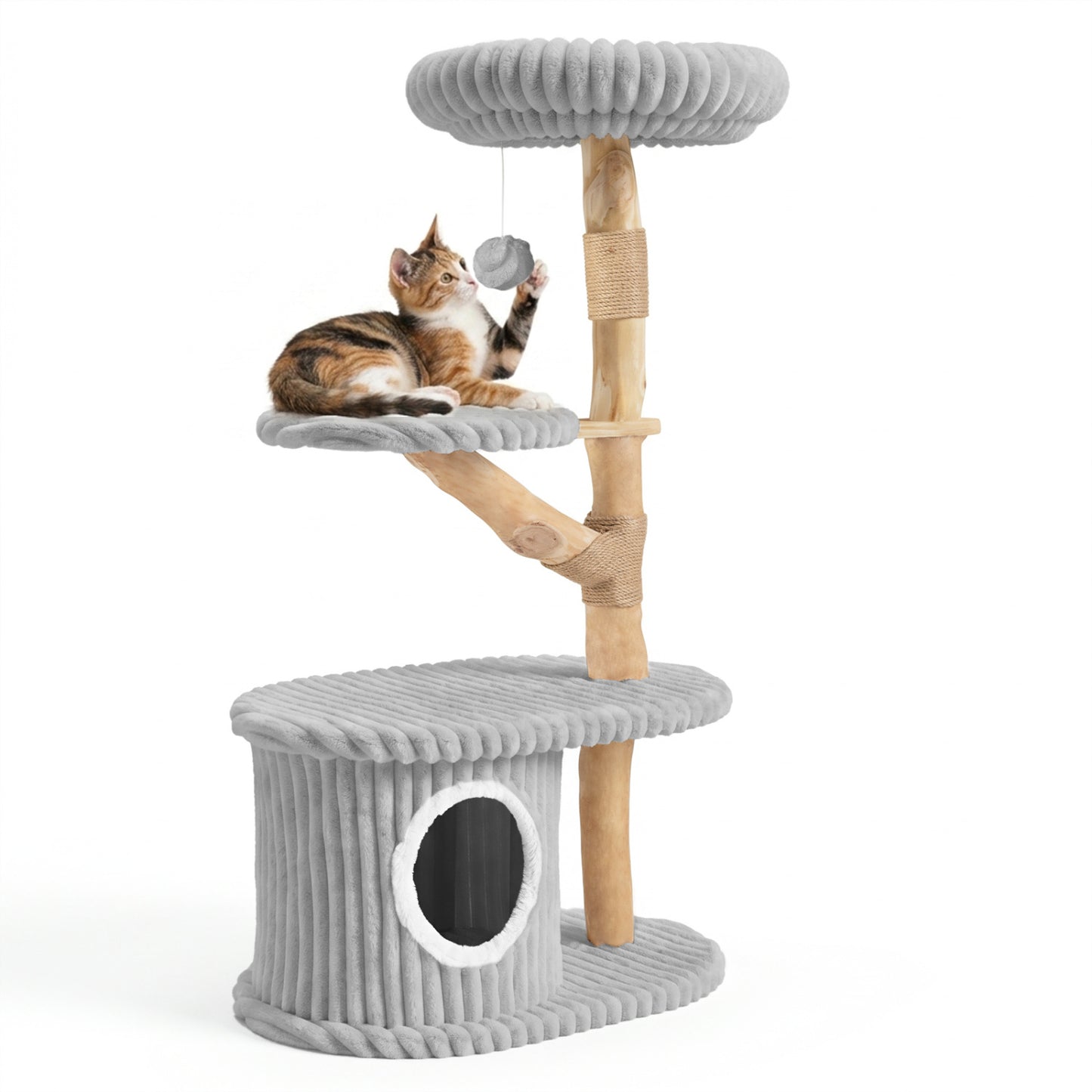 41 Inch Tall Modern Cat Tower with Real Wood Branches Scratching Posts for Indoor-Beige