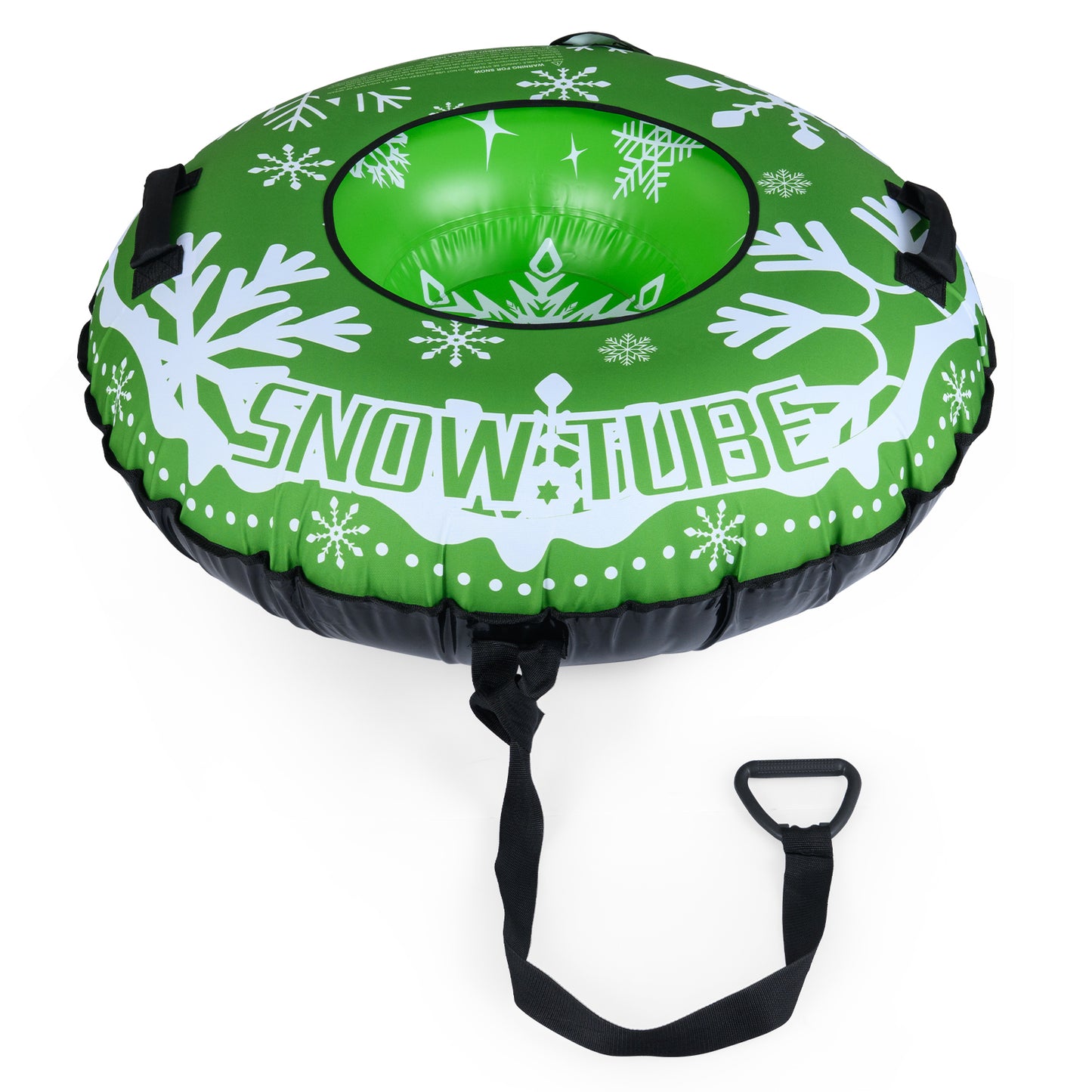 Blue 42-inch heavy-duty inflatable snow tube with detachable tow strap, ideal for winter snow tubing fun.