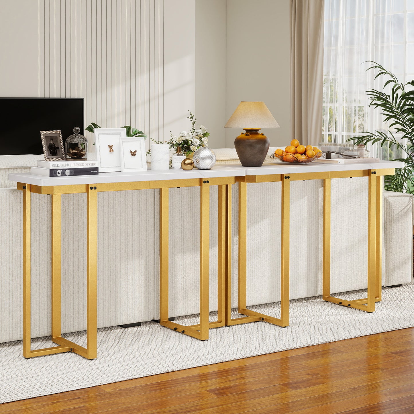 42 Inches Modern Faux Marble Entryway Table with Geometric Metal Frame-Black