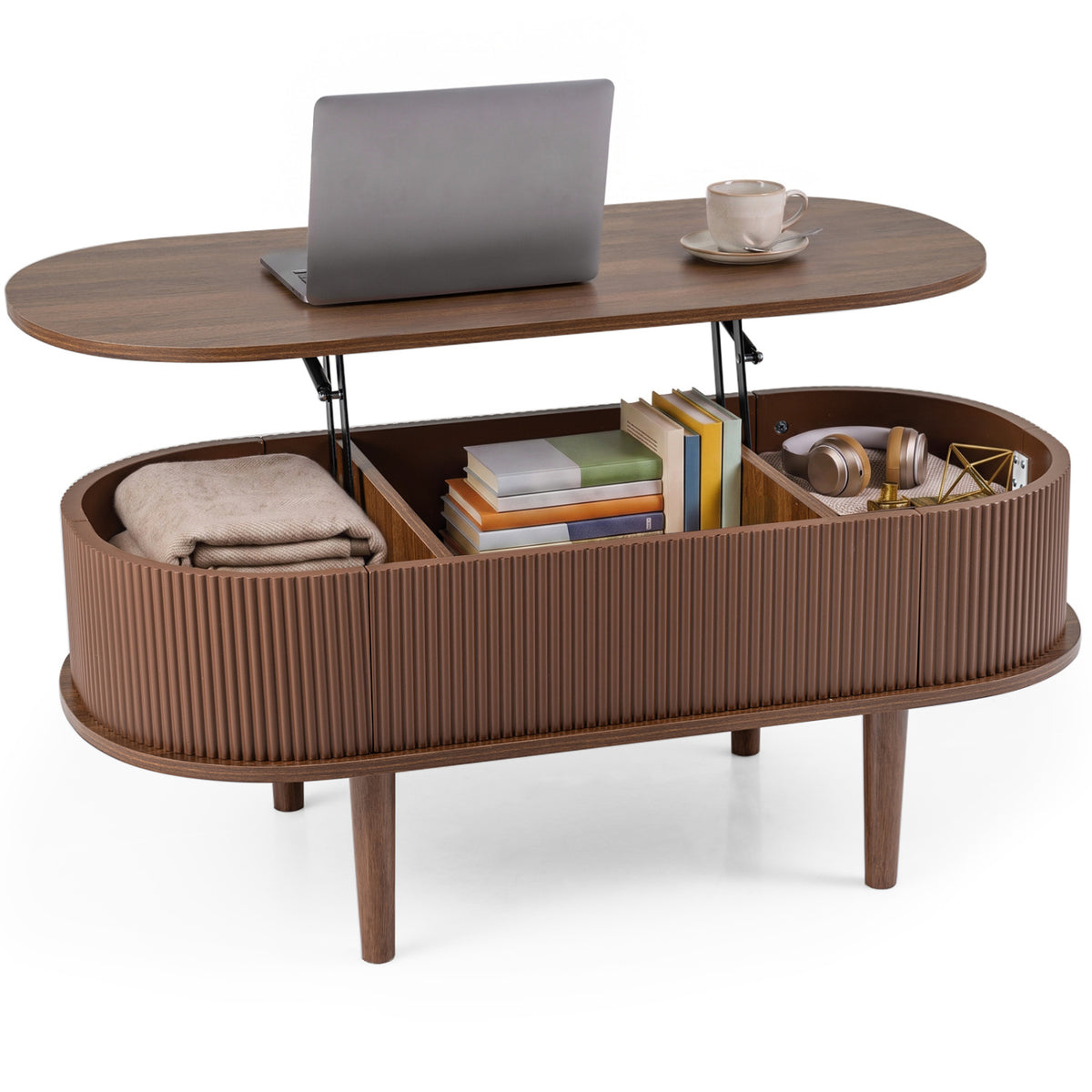 43.5" Oval Lift Top Coffee Table with Storage and Fluted Design for Living Room-Natural