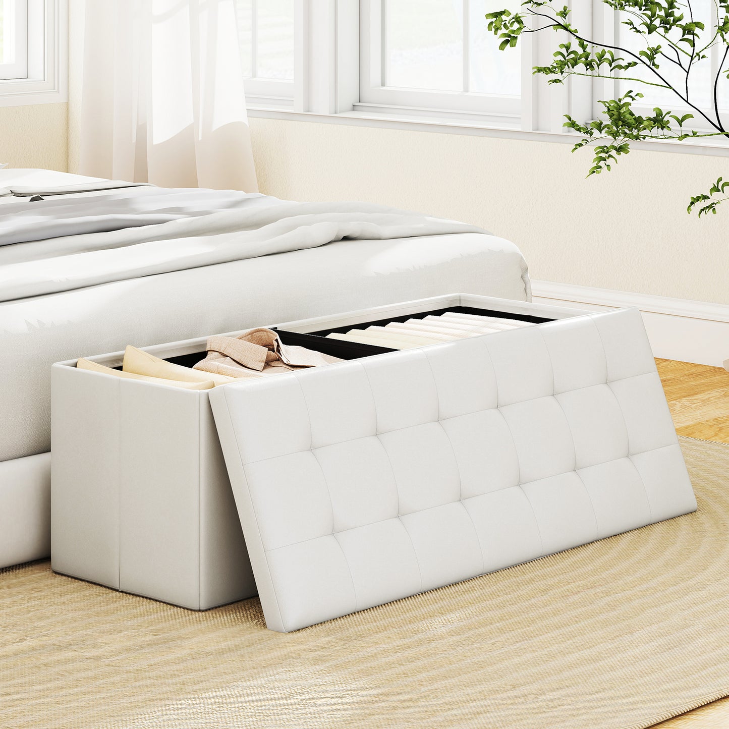 43 Inches Folding Storage Ottoman Bench Foot Rest Stool End of Bed Bench-Black